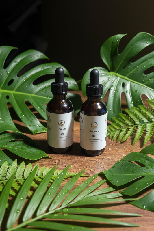 Two RooRes Dry Scalp Hair Oil bottles among tropical leaves and water droplets on wood