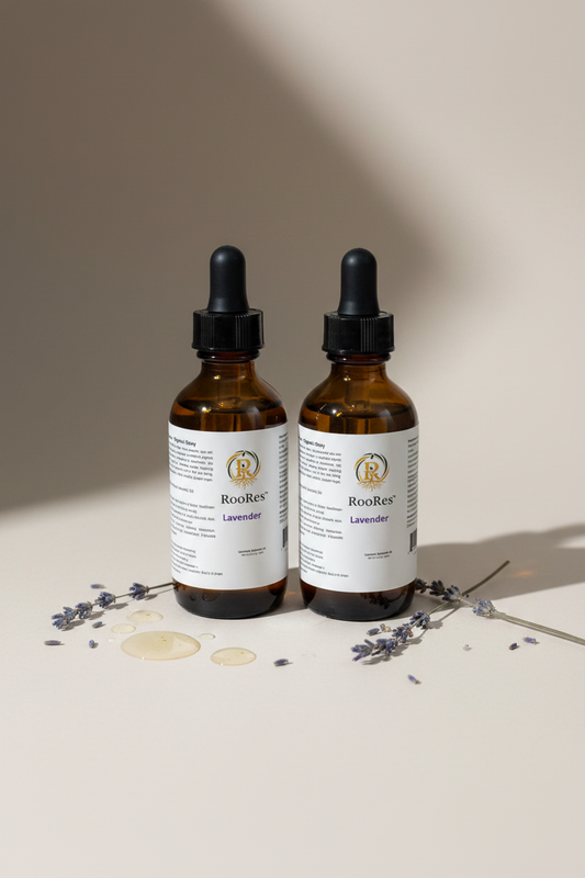 Two RooRes Lavender Hair Oil amber dropper bottles